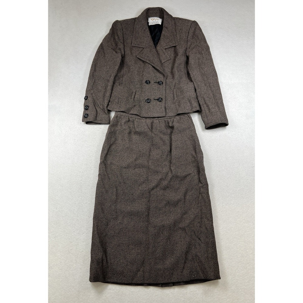 Givenchy Style 80's Tweed Two-Piece Wool Skirt Suit Vintage Brown‎ size 12